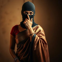 A striking scene featuring an Indian woman clad in a beautifully designed saree that accentuates her silhouette