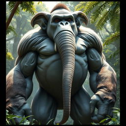 A towering, imaginative creature standing over 10 feet tall, featuring the muscular physique of a gorilla with thick, wrinkled gray skin akin to that of an elephant