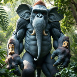 A towering, imaginative creature standing over 10 feet tall, featuring the muscular physique of a gorilla with thick, wrinkled gray skin akin to that of an elephant