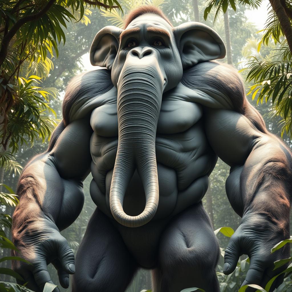 A towering, imaginative creature standing over 10 feet tall, featuring the muscular physique of a gorilla with thick, wrinkled gray skin akin to that of an elephant