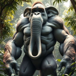 A towering, imaginative creature standing over 10 feet tall, featuring the muscular physique of a gorilla with thick, wrinkled gray skin akin to that of an elephant