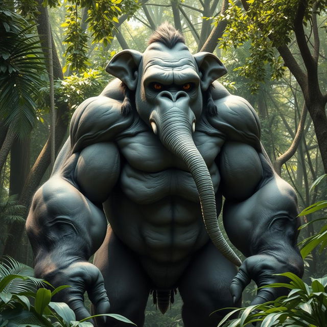 A towering, imaginative creature standing over 10 feet tall, featuring the muscular physique of a gorilla with thick, wrinkled gray skin akin to that of an elephant