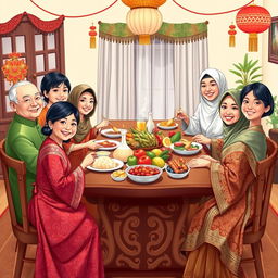 An illustration of a joyful gathering of an extended family celebrating New Year's Day, all dressed in beautiful traditional Indonesian costumes