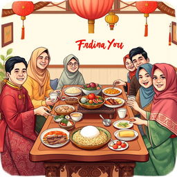 An illustration of a joyful gathering of an extended family celebrating New Year's Day, all dressed in beautiful traditional Indonesian costumes