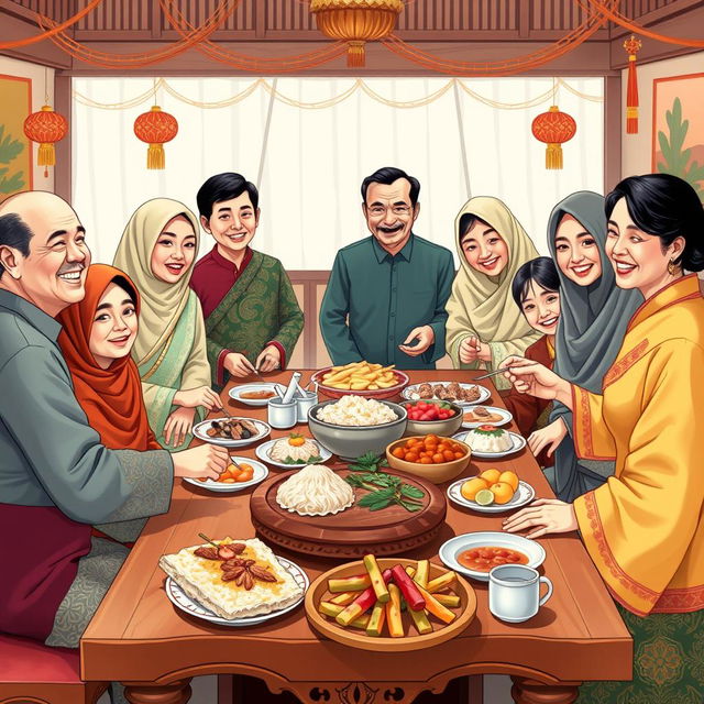 An illustration of a joyful gathering of an extended family celebrating New Year's Day, all dressed in beautiful traditional Indonesian costumes