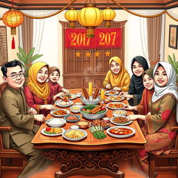 An illustration of a joyful gathering of an extended family celebrating New Year's Day, all dressed in beautiful traditional Indonesian costumes