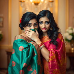A captivating scene featuring two women in beautiful, colorful sarees