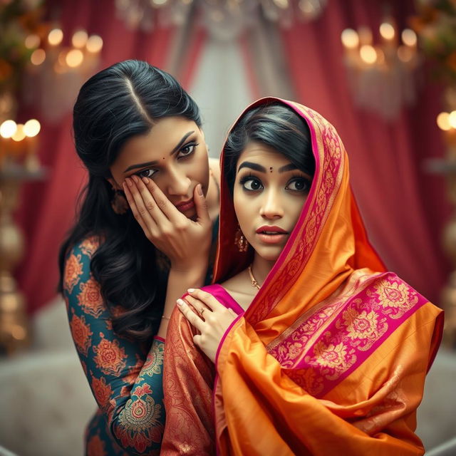 A captivating scene featuring two women in beautiful, colorful sarees