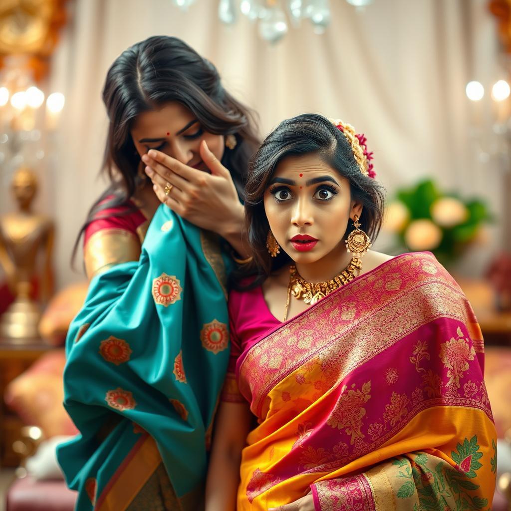 A captivating scene featuring two women in beautiful, colorful sarees