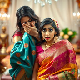 A captivating scene featuring two women in beautiful, colorful sarees