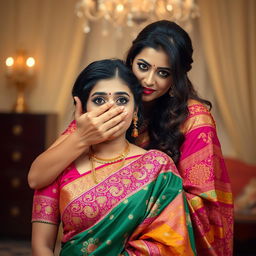 A captivating scene featuring two women in beautiful, colorful sarees
