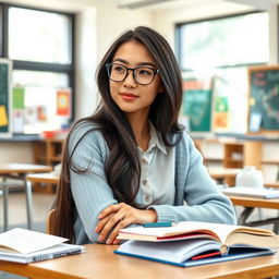 A beautiful female student sitting in a classroom, engaged in her studies