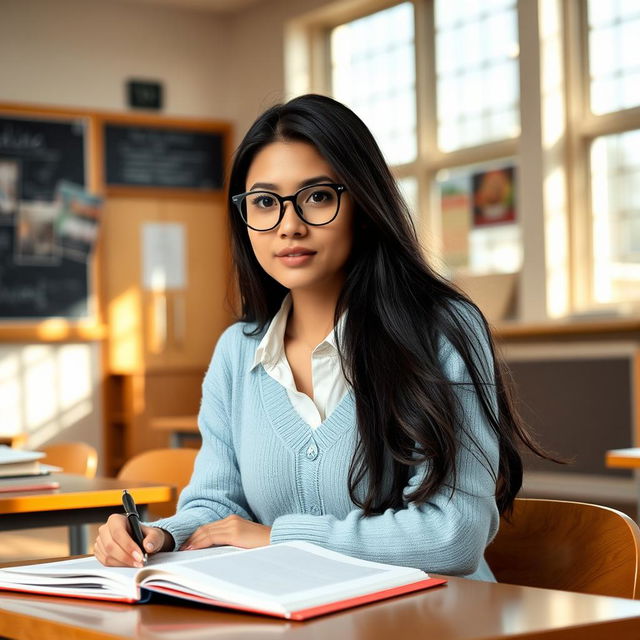 A beautiful female student sitting in a classroom, engaged in her studies