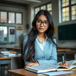 A beautiful female student sitting in a classroom, engaged in her studies
