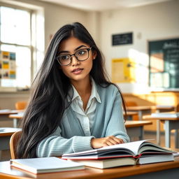 A beautiful female student sitting in a classroom, engaged in her studies