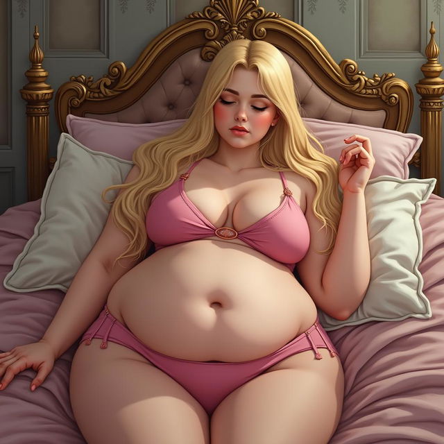 A captivating illustration of an 18-year-old girl with a sweet, thin face and beautiful long blonde hair, depicted as sexy and curvy