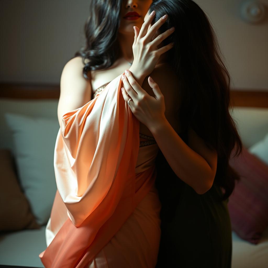 A sensual scene featuring two women, one wearing a traditional and elegant saree in a lush fabric that elegantly drapes over her curves, while the other woman, from behind, has her hand gently but firmly placed over the first woman's mouth and nose, creating an intimate and teasing atmosphere