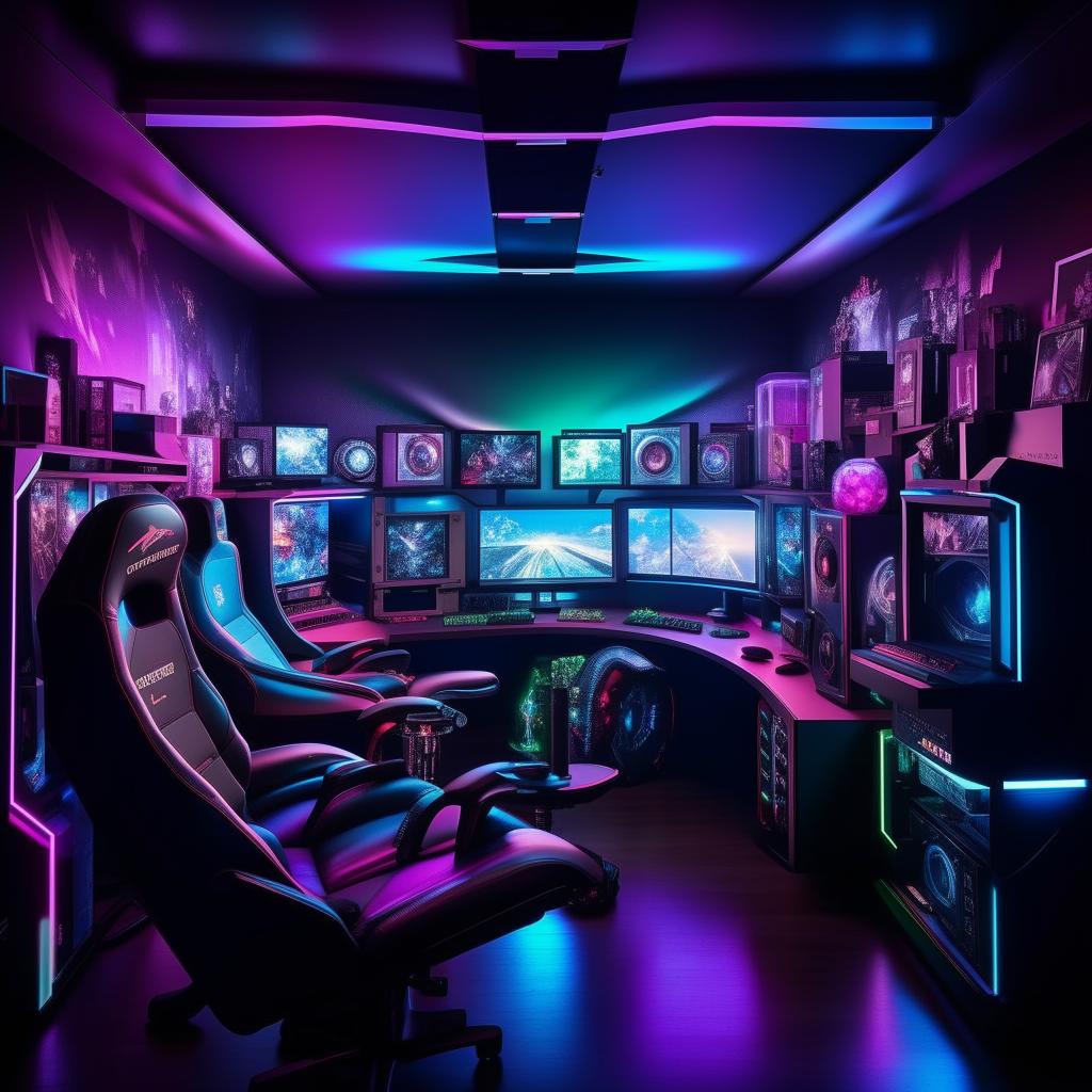 A state-of-the-art gaming room with high-tech monitors, gaming PCs, consoles, comfortable gaming chairs, RGB lighting, and gaming memorabilia decoratively placed.