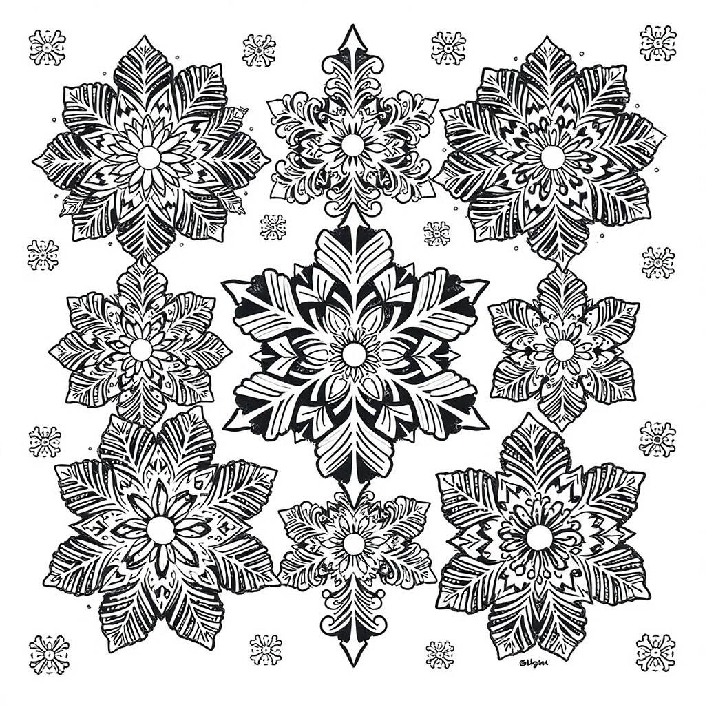 A detailed zentangle coloring page featuring intricate snowflake designs, each snowflake composed of swirling lines, geometric shapes, and elaborate patterns