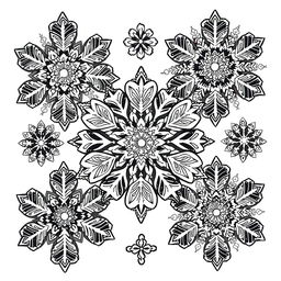A detailed zentangle coloring page featuring intricate snowflake designs, each snowflake composed of swirling lines, geometric shapes, and elaborate patterns