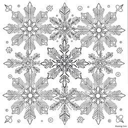 A detailed zentangle coloring page featuring intricate snowflake designs, each snowflake composed of swirling lines, geometric shapes, and elaborate patterns