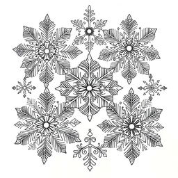 A detailed zentangle coloring page featuring intricate snowflake designs, each snowflake composed of swirling lines, geometric shapes, and elaborate patterns