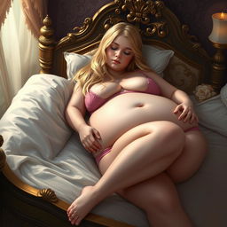A serene and intimate scene depicting an 18-year-old girl with a sweet, thin face and beautiful long blonde hair, sleeping peacefully on an elegant Victorian bed