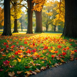 A serene autumn landscape featuring vibrant fall leaves, showcasing a stunning array of colors including bright reds, oranges, yellows, and deep browns