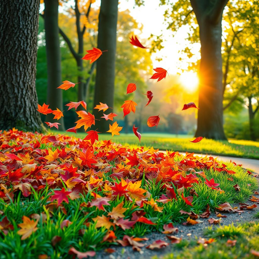 A serene autumn landscape featuring vibrant fall leaves, showcasing a stunning array of colors including bright reds, oranges, yellows, and deep browns