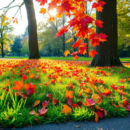 A serene autumn landscape featuring vibrant fall leaves, showcasing a stunning array of colors including bright reds, oranges, yellows, and deep browns