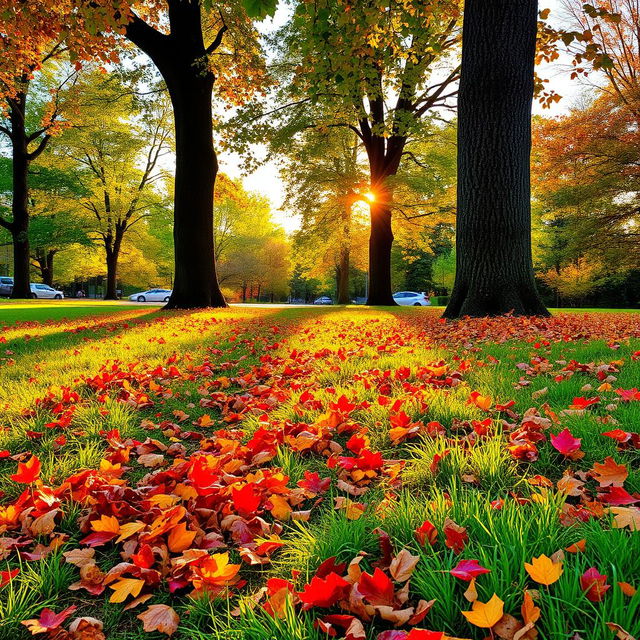 A serene autumn landscape featuring vibrant fall leaves, showcasing a stunning array of colors including bright reds, oranges, yellows, and deep browns