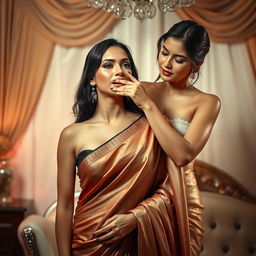 An intimate scene capturing two women, one adorned in a sexy saree that accentuates her figure, the fabric shimmering softly in the light