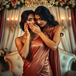 An intimate scene capturing two women, one adorned in a sexy saree that accentuates her figure, the fabric shimmering softly in the light