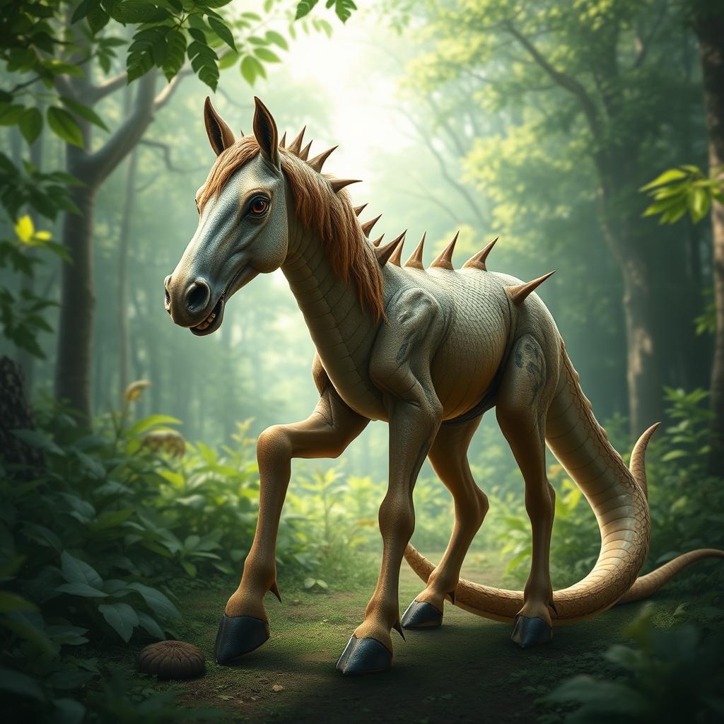 A fantastical creature featuring the elongated, sinuous body of a snake combined with the sturdy, four-legged frame of a horse