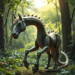 A fantastical creature featuring the elongated, sinuous body of a snake combined with the sturdy, four-legged frame of a horse