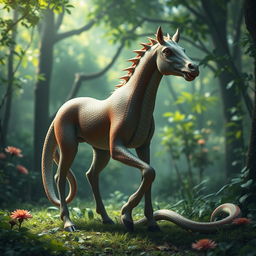 A fantastical creature featuring the elongated, sinuous body of a snake combined with the sturdy, four-legged frame of a horse