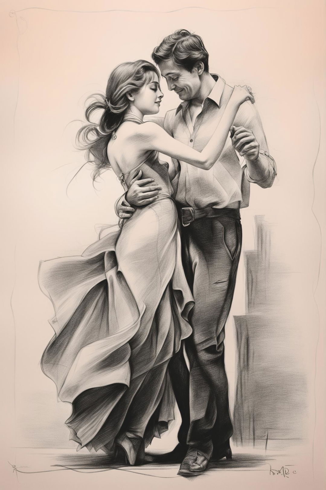 This pencil sketch portrays a couple dancing in the distance