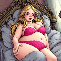 An enchanting and realistic comic book style illustration of an 18-year-old girl with a sweet, thin face and beautiful long blonde hair, peacefully sleeping on an ornate Victorian bed