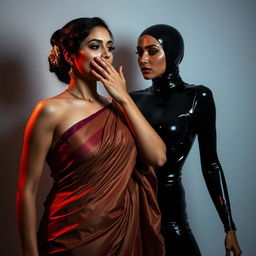 A striking scene featuring a woman in a sexy saree, rich in detail and texture, capturing the essence of traditional beauty with a modern twist
