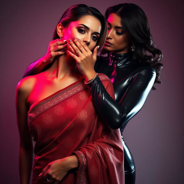 A striking scene featuring a woman in a sexy saree, rich in detail and texture, capturing the essence of traditional beauty with a modern twist