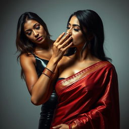 A striking scene featuring a woman in a sexy saree, rich in detail and texture, capturing the essence of traditional beauty with a modern twist