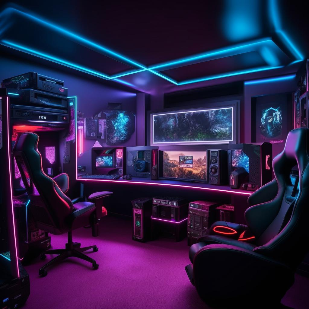 A state-of-the-art gaming room with high-tech monitors, gaming PCs, consoles, comfortable gaming chairs, RGB lighting, and gaming memorabilia decoratively placed.