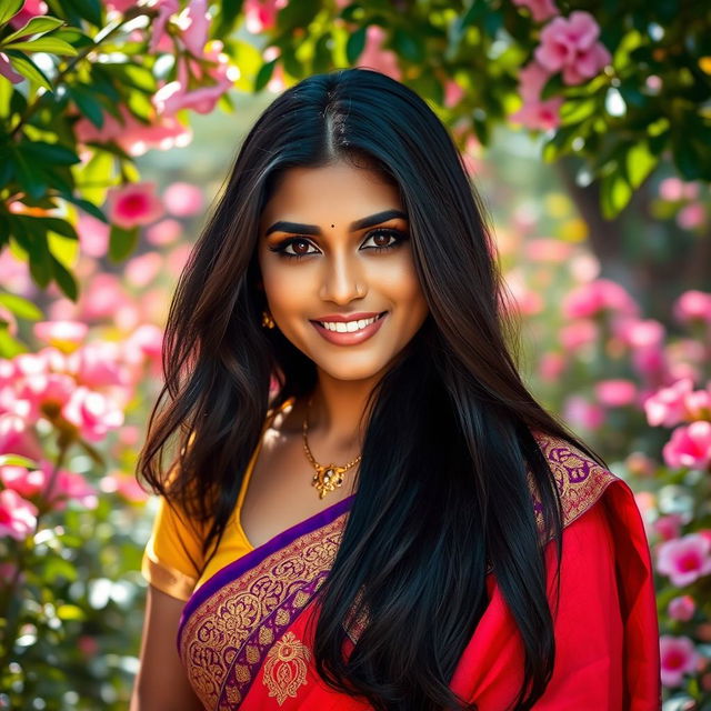 A portrait of a beautiful Indian woman with long, flowing black hair and striking brown eyes