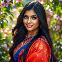 A portrait of a beautiful Indian woman with long, flowing black hair and striking brown eyes