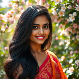 A portrait of a beautiful Indian woman with long, flowing black hair and striking brown eyes