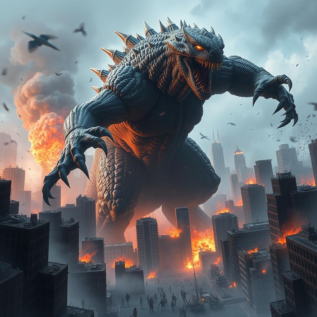 A giant, terrifying monster rampaging through a city, towering over skyscrapers, with its fierce eyes glowing and sharp claws extended