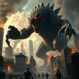 A giant, terrifying monster rampaging through a city, towering over skyscrapers, with its fierce eyes glowing and sharp claws extended