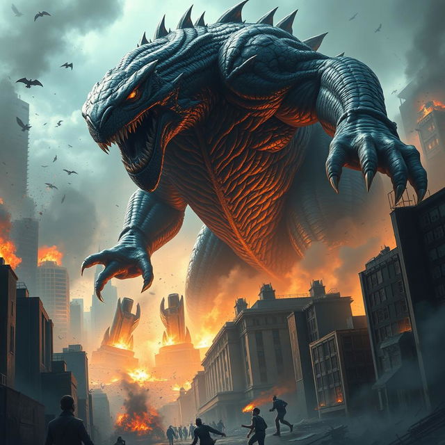 A giant, terrifying monster rampaging through a city, towering over skyscrapers, with its fierce eyes glowing and sharp claws extended