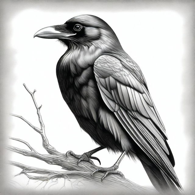 A high-quality black and white pencil drawing, featuring a raven