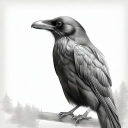 A high-quality black and white pencil drawing, featuring a raven